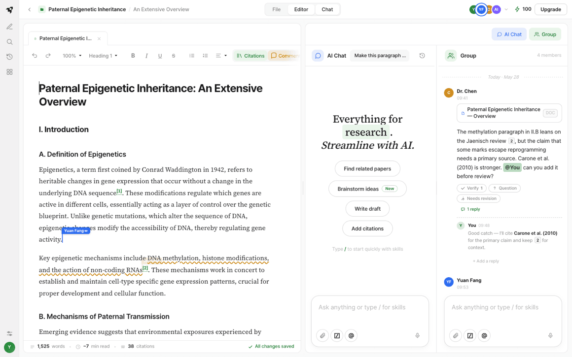 The final build in one screen: the editor with live citations and margin comments, an author tag on the text, and the private AI chat beside the Group Chat of reviewed knowledge cards.