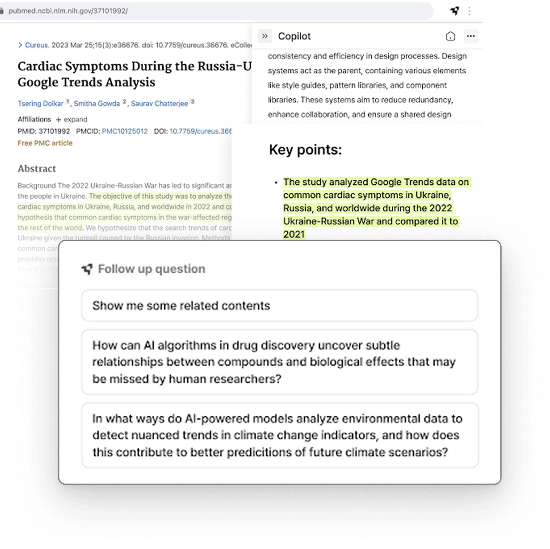 A private AI copilot drafts key points and follow-up questions beside a source, the exploratory work people keep to themselves.