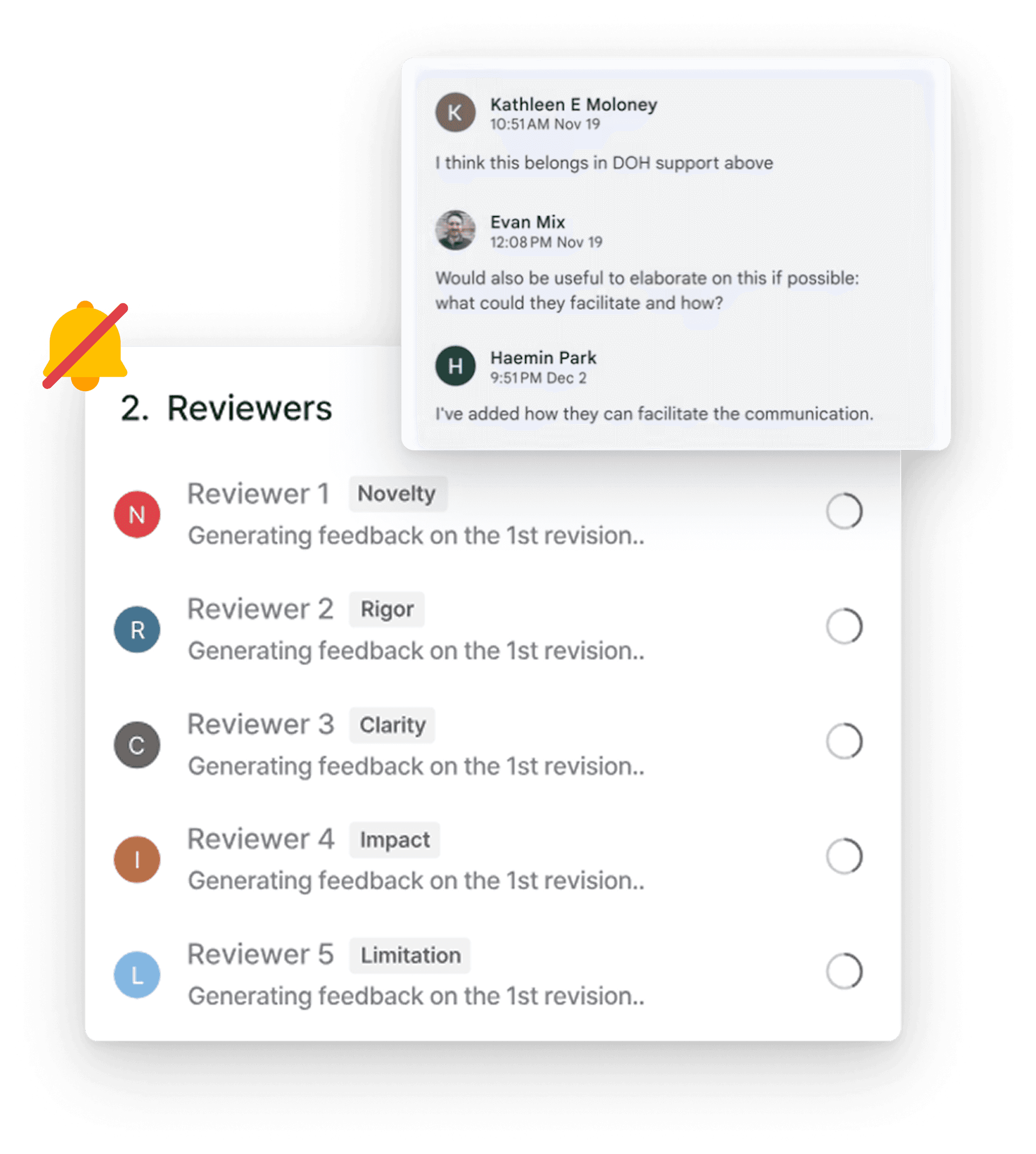 Google Docs review comments and per-reviewer feedback threads, with notifications muted.