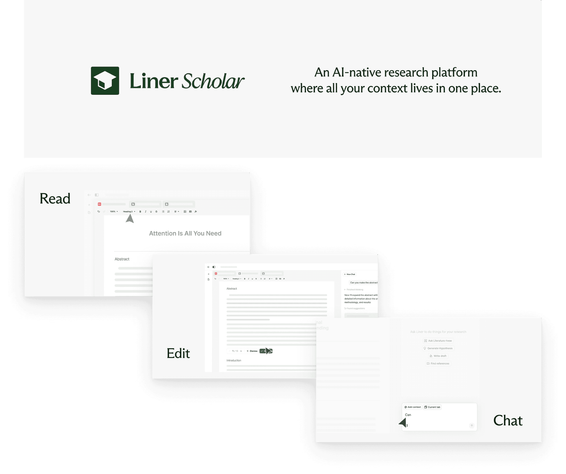 Liner AI, an AI-powered research tool for discovering, analyzing, and organizing scholarly content.